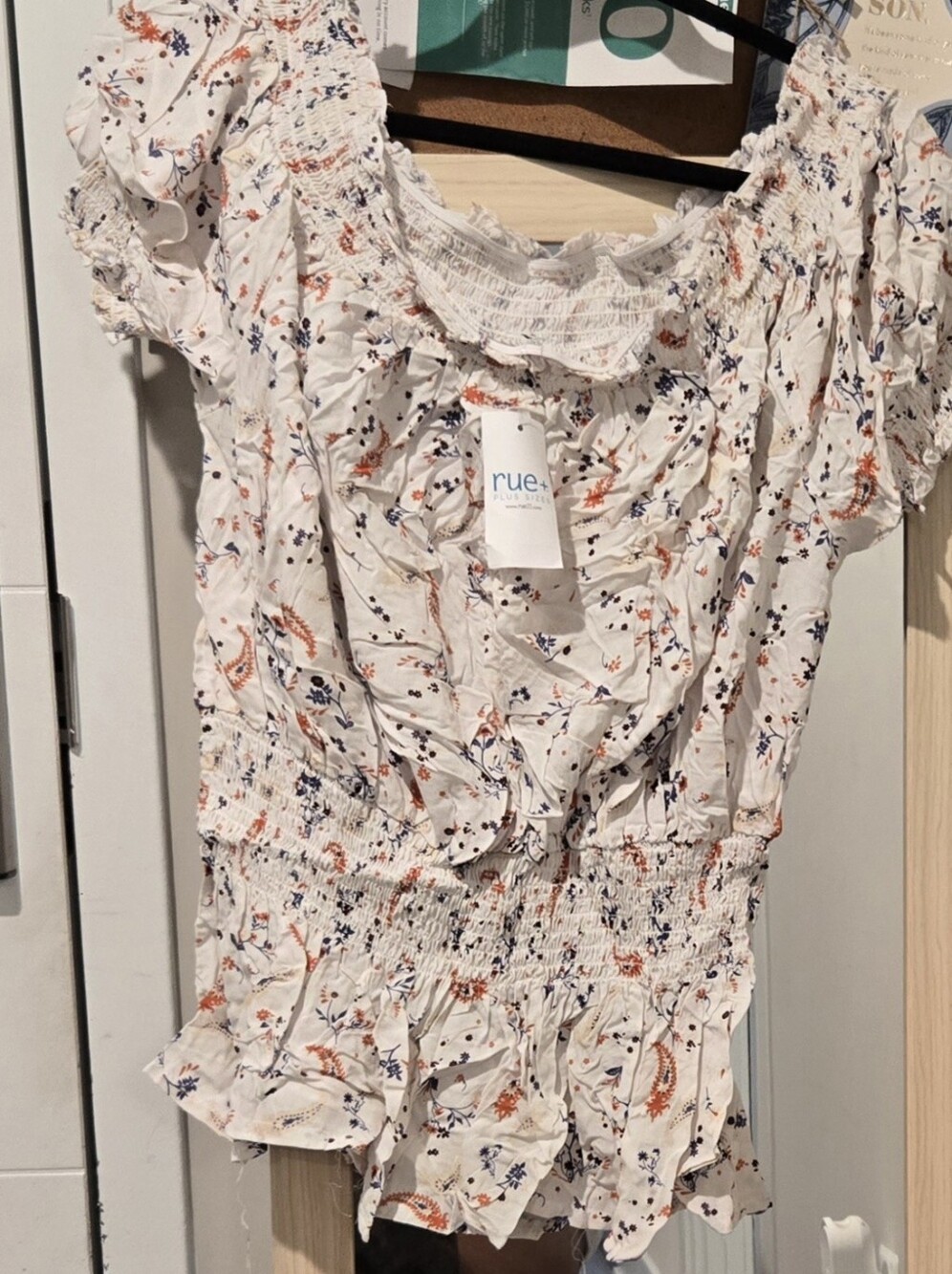 Rue. Cream Floral Off The Shoulder, Short Sleeve, Smocked Waist Blouse